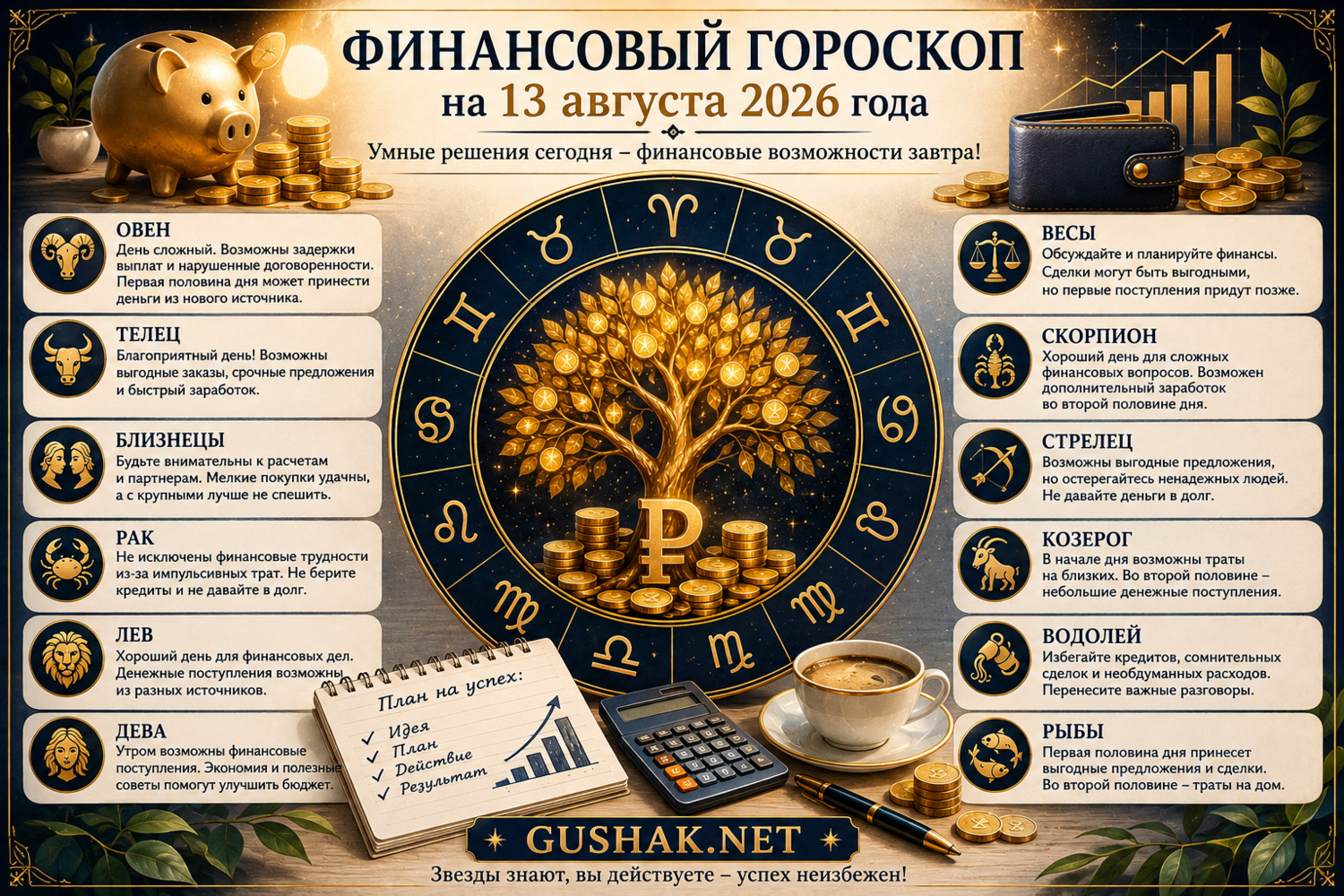 Финансовый гороскоп на 13 августа 2026 года для всех знаков зодиака