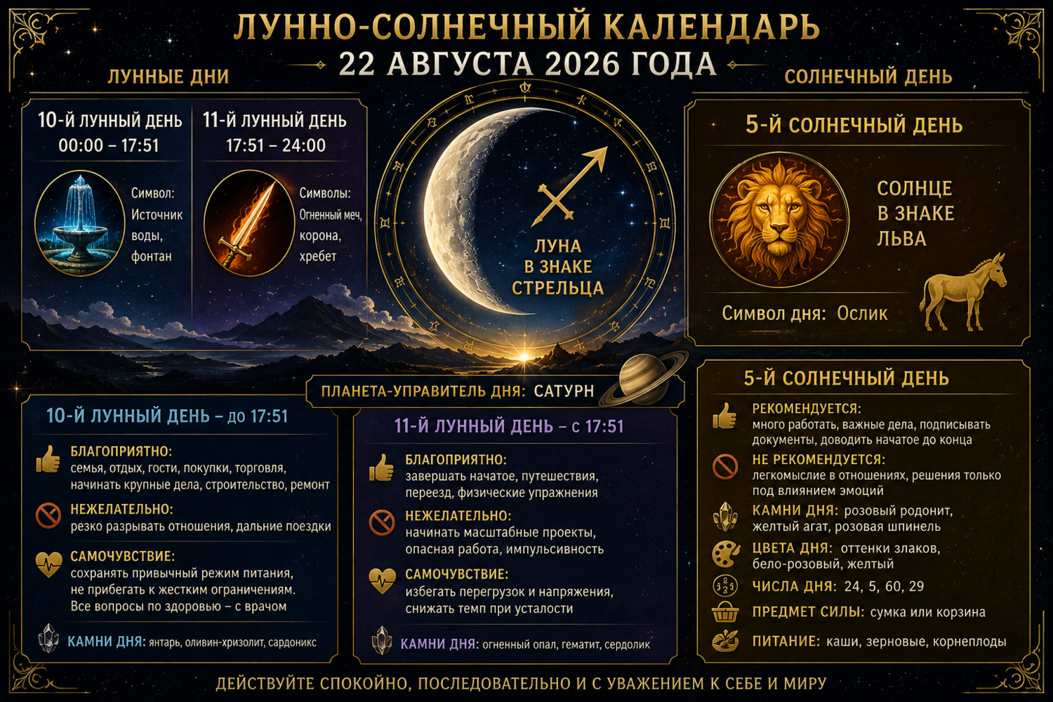 Лунно-солнечный календарь на 22 августа 2026 года